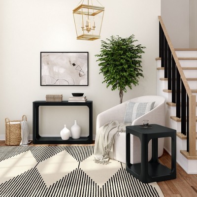 Black Solid Pine Wood Console Table with Storage Shelves