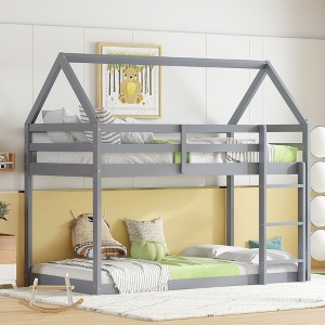 CAVINAS Twin Over Twin Rubber Wood Floor Bunk Bed with Ladder & Guardrails,House Bed Frame for Kids Room,Bedroom - 1 of 4