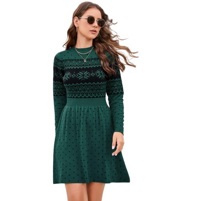Coolmee Women's Fall Winter Casual Dress Crewneck Long Sleeve High Waist A-Line Mini Sweater Dress Blue Green L