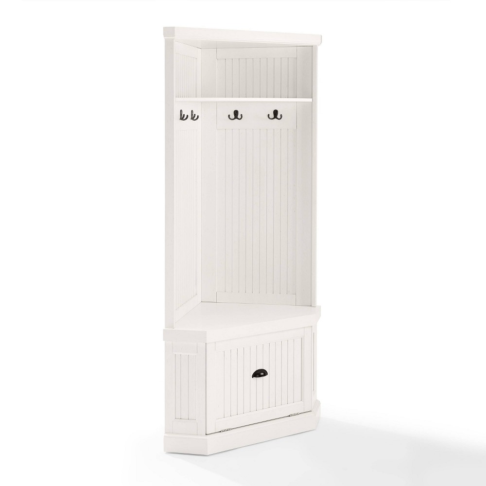 Seaside Corner Hall Tree Distressed White - Crosley: Entryway Organizer with Shoe Storage, 4 Hooks