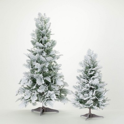 36"H & 24"H Sullivans Artificial Snowy Cedar Accent Christmas Tree Set of 2, Green-White, Indoor Christmas Decor
