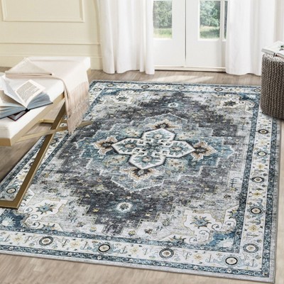 Boho Floral Vintage Faux Wool Washable Area Rug Ultra Thin Stain Resistant Pet Friendly Non Slip Accent Carpet for Living Room Bedroom Kitchen