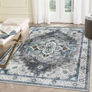 Boho Floral Vintage Faux Wool Washable Area Rug Ultra Thin Stain Resistant Pet Friendly Non Slip Accent Carpet for Living Room Bedroom Kitchen - 1 of 4