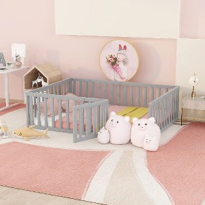 CAVINAS Twin Size Bed Frame, Wood Daybed Frame with Fence and Door, Floor Bed for Kids, Teens, Girls, Boys, Floor Platform Bed - 1 of 4
