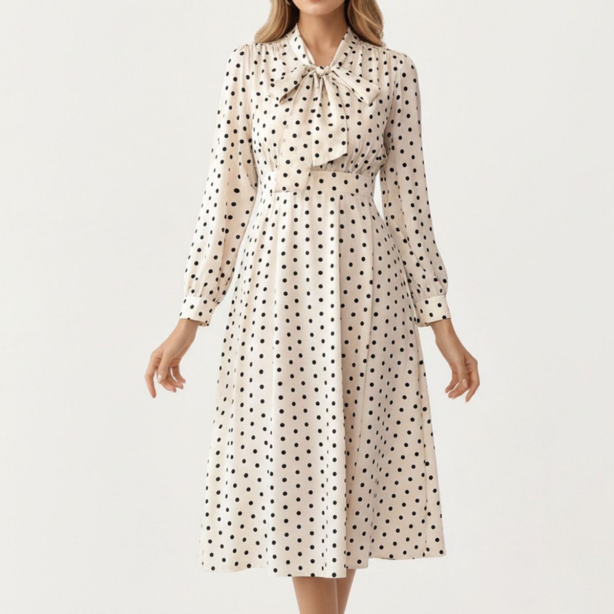 Anna-Kaci Women's Polka Dot Long Sleeve Dress with Bow Tie Neckline