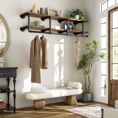 Aheaplus 2 Tiers Heavy Duty Pipe Clothing Shelves with Hanging Rod, 47-73in Space-Saving Wall Mounted Clothing Rack with Top Shelf