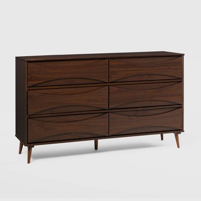 Saracina Home Mid Century Modern Contoured 6 Drawer Dresser Walnut