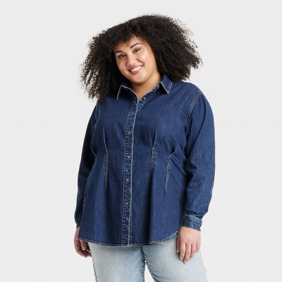 Women's Long Sleeve Denim Darted Waist Button-Down Shirt - Ava & Viv™ Dark Wash 3X