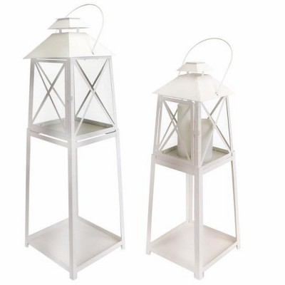 Melrose Set of 2 Cape Cod Wellfleet White Iron and Glass Pillar Candle Lantern Stands