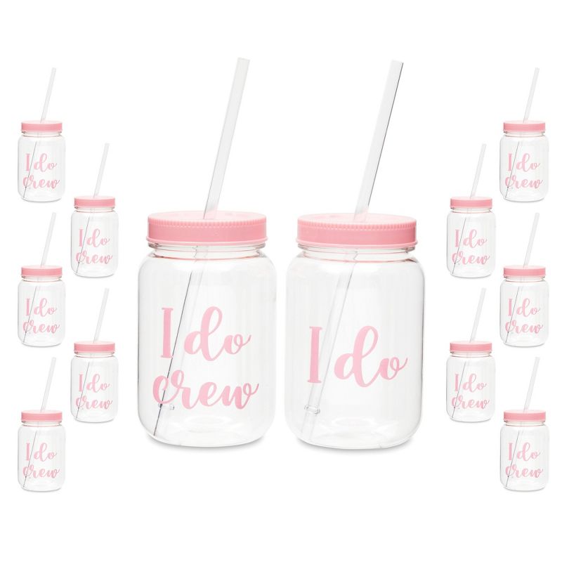 Blue Panda 12 Pack "I Do Crew" Bachelorette Party Cups with Lids, Pink Bridal Shower Mason Jar Gifts (18 oz), 1 of 9