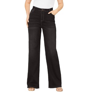 Roaman's Women's Plus Size Tall Iconic Wide Leg Jean - 28 T, Black Denim - 1 of 4