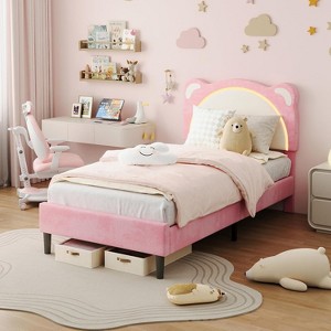Kids Bed Frame, Upholstered Platform with Adjustable Headboard & LED, Wooden Slats, No Box Spring - 1 of 4