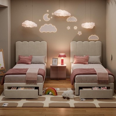 Twin Bed Frame with Storage Drawer and Headboard Velvet Upholstered Twin Platform Bed Frame for Girls Strong Wooden Slats Support Noise-Free
