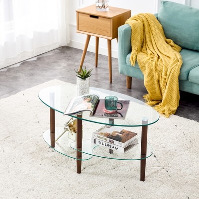 VYNXARIA Transparent Oval glass coffee table, modern table in living room Oak wood leg tea table 3-layer glass table