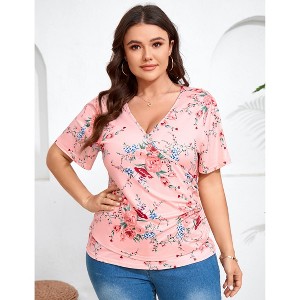 YESFASHION Women Plus Size Blouse V Neck Floral Top Short Sleeve Elegant Criss Collar Shirt - 1 of 4