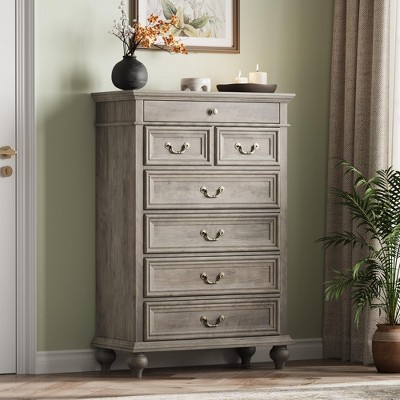 Farmhouse Tall Dresser for Bedroom with 7 Drawers, 50" Tall Large Wood Chest of Drawers with Jewelry Storage for Bedroom