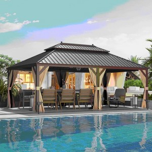 EROMMY 12' X 22' Hardtop Gazebo, Wooden Finish Coated Aluminum Frame Gazebo with Galvanized Steel Double Roof - 1 of 3