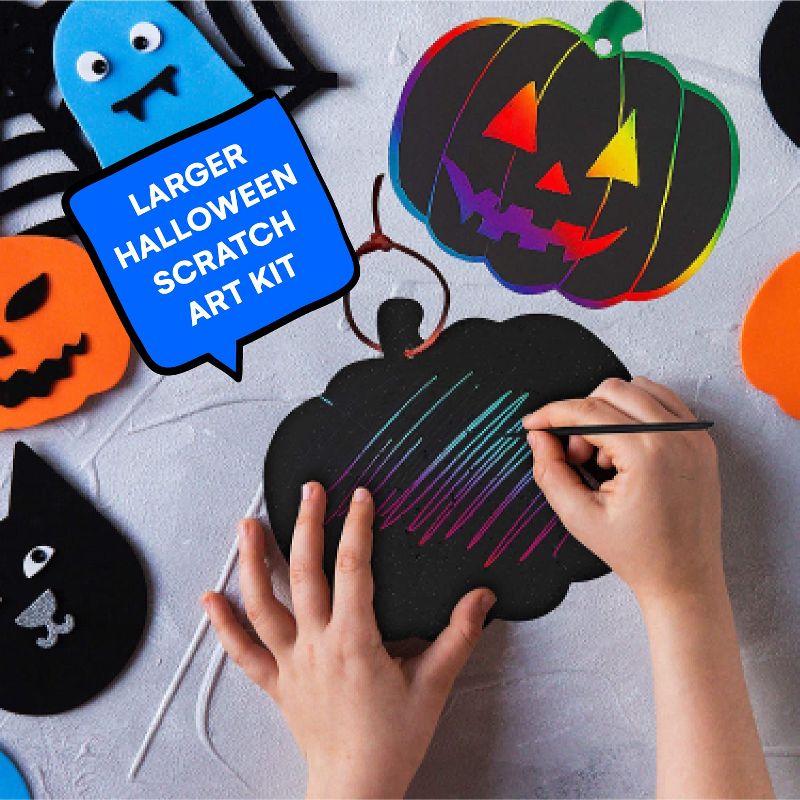 Neliblu Halloween Scratch Art Trick or Treak Paper Crafts Kit Bulk Pack of Halloween Pumpkins with Magic Rainbow Colors, Black, 3 of 5
