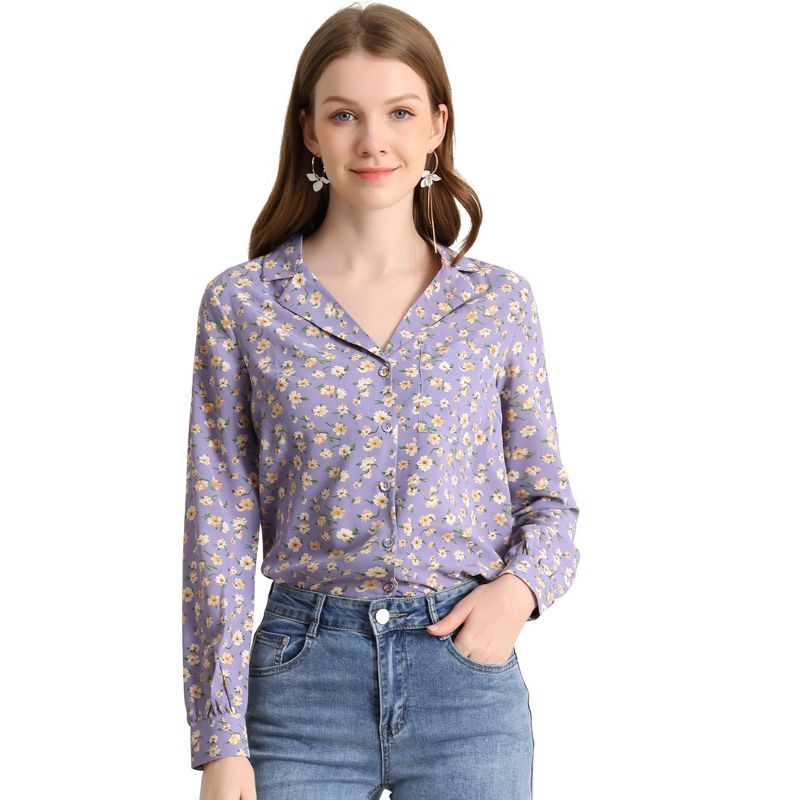 Allegra K Women's Vintage Notched Lapel Long Sleeve Printed Button Down Tops, 1 of 8