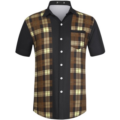 Lars Amadeus Men's Summer Plaid Patchwork Short Sleeves Button Color Block Shirt