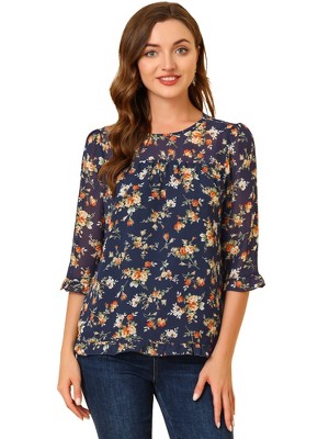 INSPIRE CHIC Women's Round Neck Ruffle 3/4 Sleeve Floral Print Chiffon Blouse