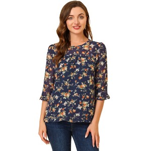 INSPIRE CHIC Women's Round Neck Ruffle 3/4 Sleeve Floral Print Chiffon Blouse - 1 of 4