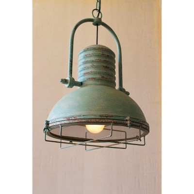 Antique Turquoise Pendant Light with Glass and Wire Cage – 46"Tall by Kalalou