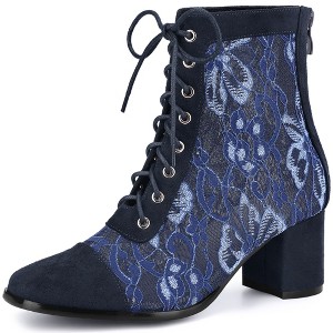 Perphy Women's Square Toe Lace Up Flowers Lace Block Heels Ankle Boots - 1 of 3