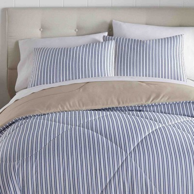 King Size Blue and Beige Seersucker Comforter Set