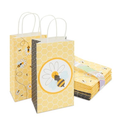 Blue Panda 24 Packs Bumble Bee Party Paper Gift Bags with Handles for Baby Shower Birthday Parties, Yellow, 5 x 9 x 3 inches