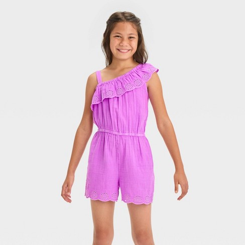 Girls' One-Shoulder Eyelet Gauze Romper - Cat & Jack™ Neon Purple XS