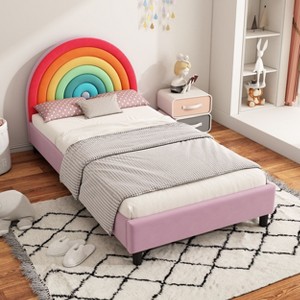 Sapphtopaz Platform Bed with Upholstered Headboard Bed Frame with Design Wood Slat Support Beds for Boys & Girls, Teens - 1 of 4