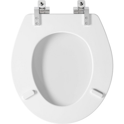 White Round Soft Close Enameled Wood Toilet Seat with Chrome Hinges