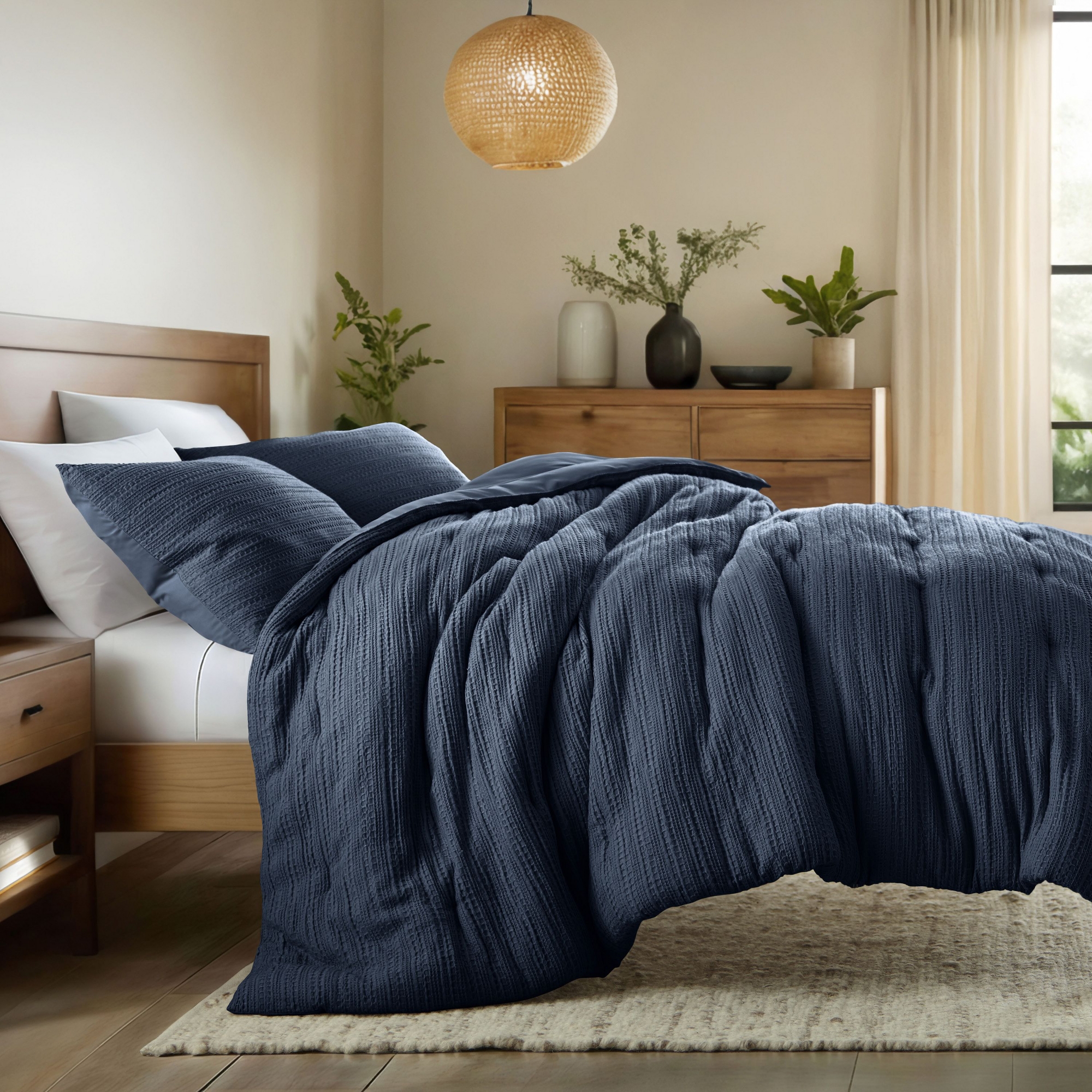 Waffle Textured Comforter Set All Season Down-Alternative Ultra Soft Bedding - Becky Cameron, Navy, Full/Queen