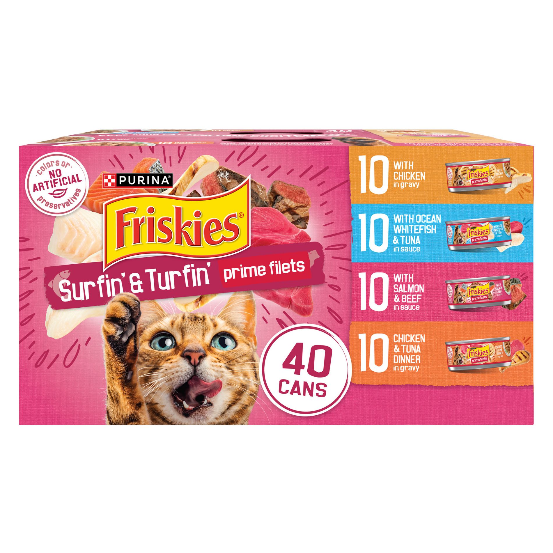 Purina Friskies Prime Filets Surfin' & Turfin' Favorites Chicken, Seafood, Tuna, Salmon, Fish and Beef Flavor Wet Cat Food - 5.5oz/40ct