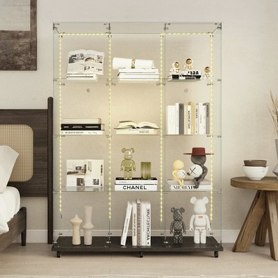 YOOCOZZ Tempered Glass Cabinet: Display/Wine/Storage/File, Bluetooth LED, Glass Top, Door Lock, Wheels