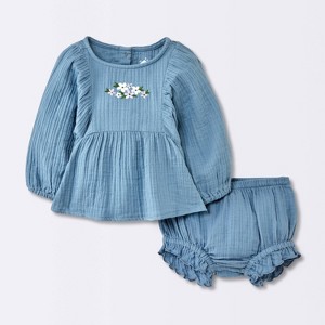 Baby Girls' 2pc Embroidered Floral Gauze Top & Bottom Set - Cloud Island™ Blue - 1 of 4