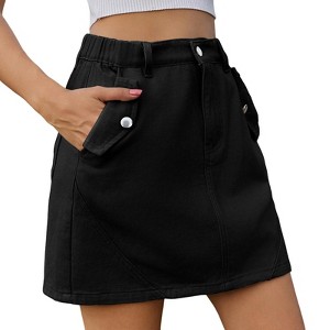 Women's Short Cargo Denim Skirt Solid Color Half Elastic Waisted Jeans Skirts Spring Summer Pocket Button Skirt - 1 of 4