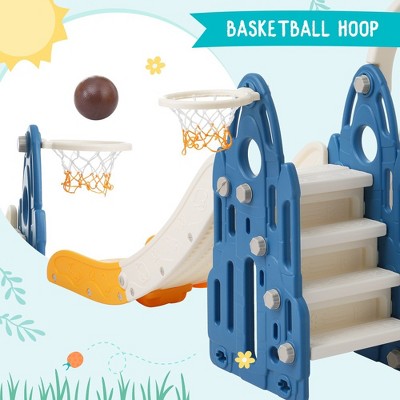 Blue and Orange 4-in-1 Toddler Slide Swing Set with Basketball Hoop