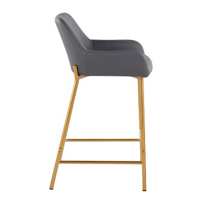 Set of 2 Gold Metal and Gray Faux Leather Counter Stools