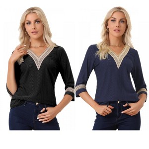 INSPIRE CHIC Women's V Neck Contrast Color Lace Trim Boho Top 2 Packs - 1 of 4