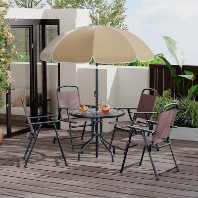 Patio Dining Set for 4 W/Umbrella, Outdoor Furniture Set W/4 Folding Dining Chairs, Outdoor Table Umbrella Set With Tempered Glass Top Dinings Table