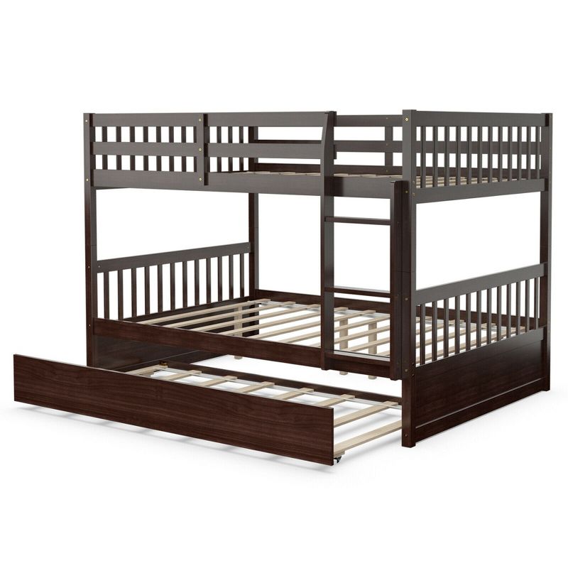 Costway Full over Full Bunk Bed Platform Wood Bed w/ Trundle & Ladder Rail Brown/White, 5 of 11