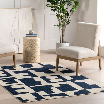 Viktoria Navy and White Geometric Reversible Washable Area Rug