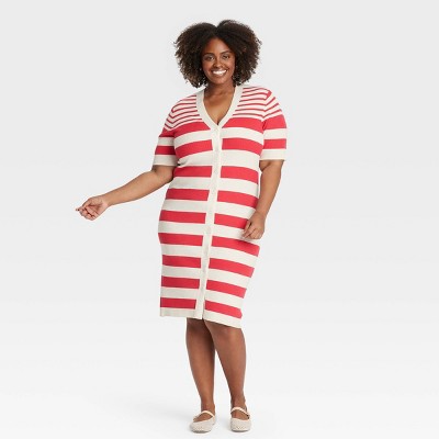 Women's Short Sleeve Button-Front Midi Sweater Dress - Ava & Viv™ Red Striped 1X