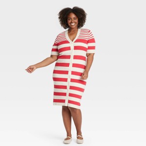 Women's Short Sleeve Button-Front Midi Sweater Dress - Ava & Viv™ - 1 of 3