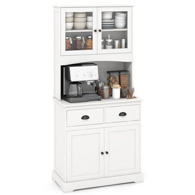 Tangkula Tall Storage Cabinet Freestanding Kitchen Pantry w/ Microwave Stand & 2 Drawers for Living Room Dining Room
