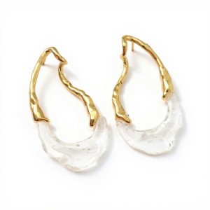 Anna-Kaci Women's Abstract Hoop Earrings with Textured Metal and Clear Resin Design 2in - Gold - 1 of 4