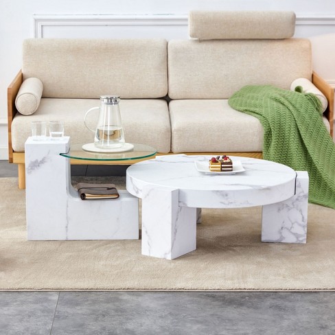 Modern Marble Grain Texture MDF Round Coffee Table With Glass Side Table,Nesting Coffee Table Set Of 2,Cozy Minimalist Coffee Table Design-Cuddlewood - image 1 of 4