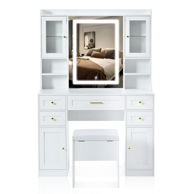 AZL1 Life Concept Dressers Vintage Style with Adjustable Mirror Multi Layer Storage Elegant Stool for Bedroom, White, 41.4"*15.8"*59.6"